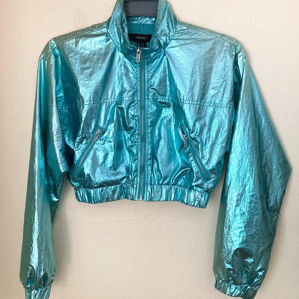 Forever 21 Metallic Teal Cropped Windbreaker Jacket